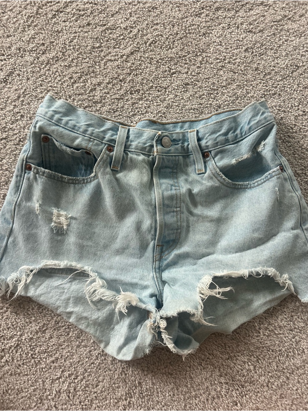 Levi's 501 original Light Blue Distressed High-Rise Denim Shorts - Picture 3 of 8